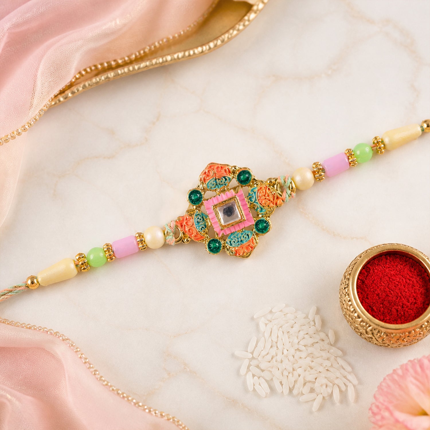 Graceful Rakhi with Square Floral Medallion and bead line in chain look for Gift Use