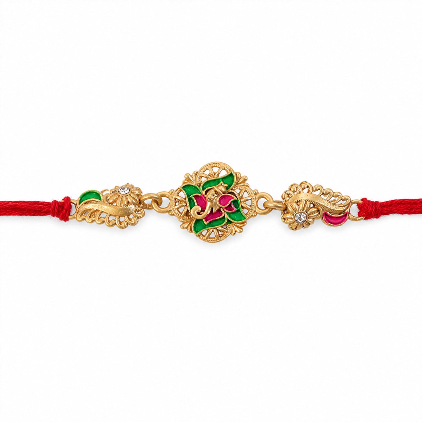 Premium Rakhi showcasing Floral Medallion, crystal accents and chain look for Gift