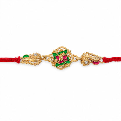 Premium Rakhi showcasing Floral Medallion, crystal accents and chain look for Gift