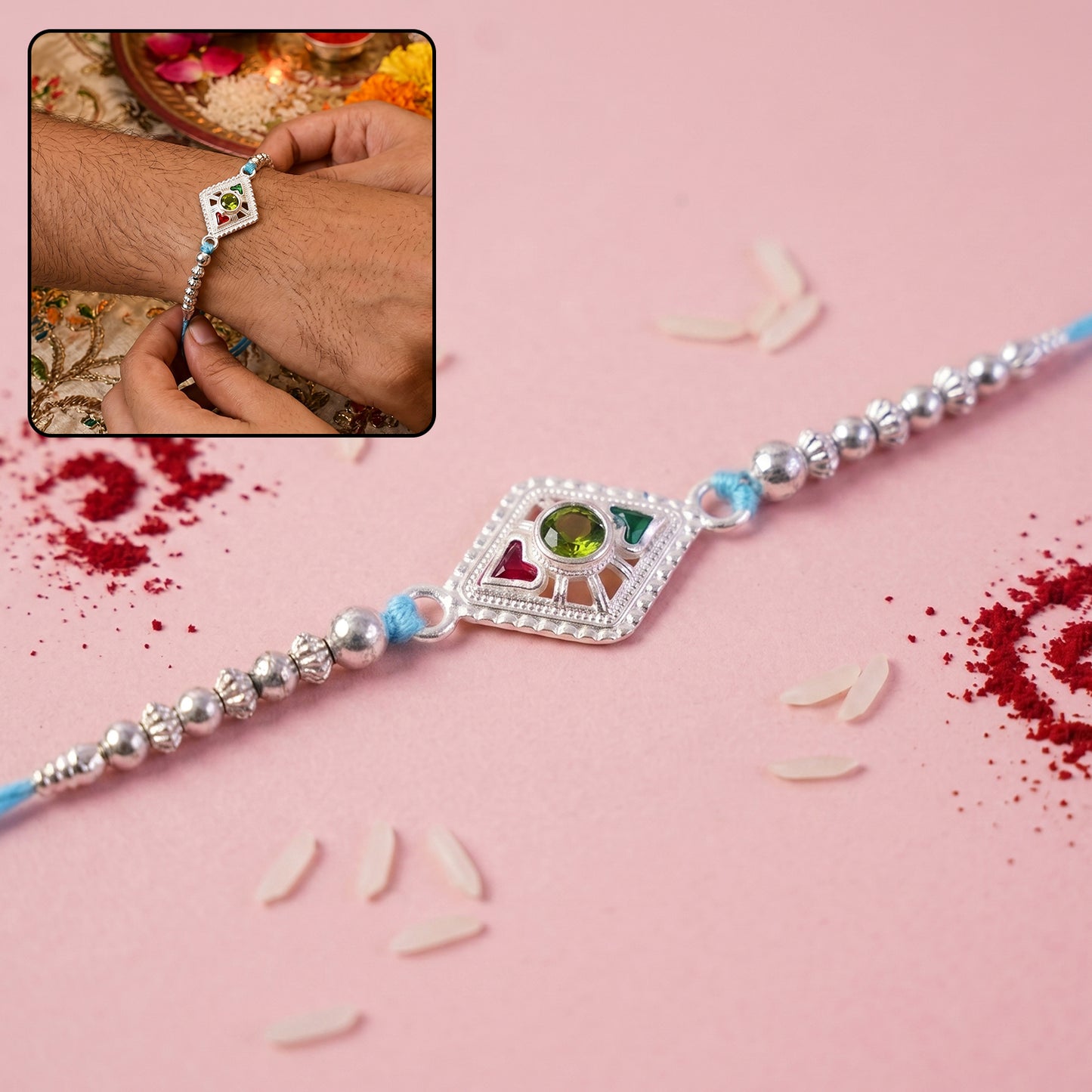 Silver Diamond Kundan Rakhi with Green Stone and Blue Beads