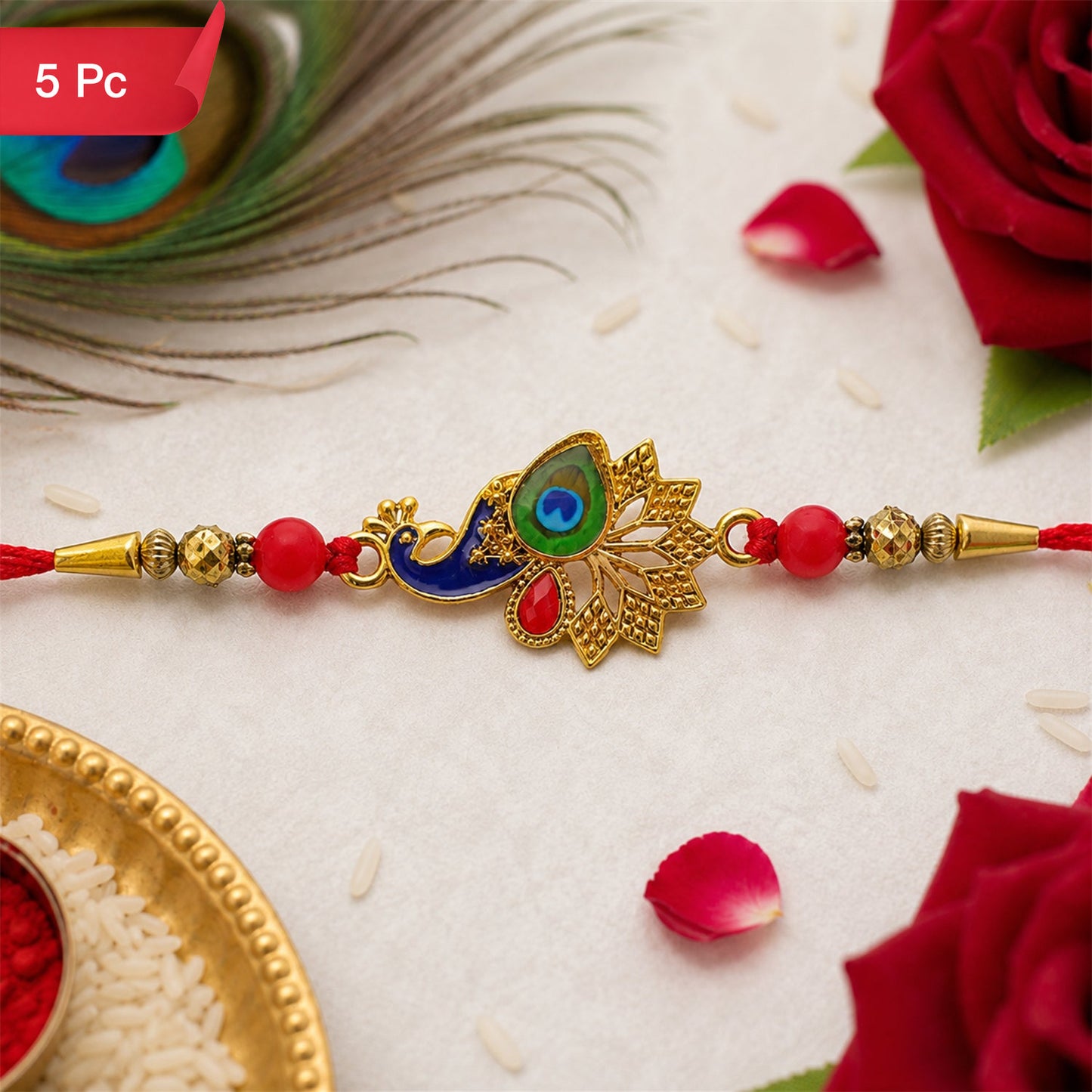 Peacock Rakhi, Vibrant Enamel & Beadwork Design (5pcs)
