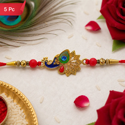 Peacock Rakhi, Vibrant Enamel & Beadwork Design (5pcs)