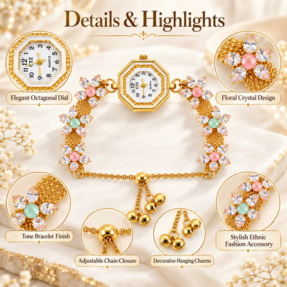An infographic shows the gold-tone bracelet watch with callouts for its octagonal dial, floral crystal design, and