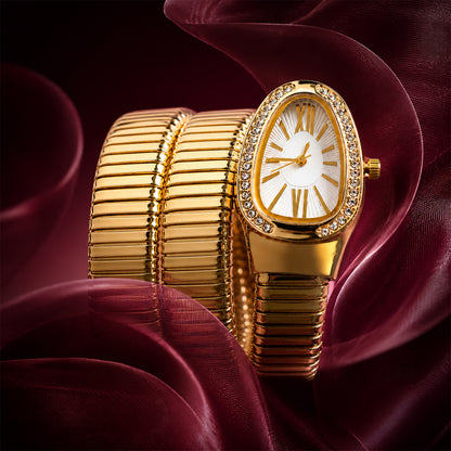 Golden Oval Snake Style Bracelet Watch with Crystal Border Dial for Women