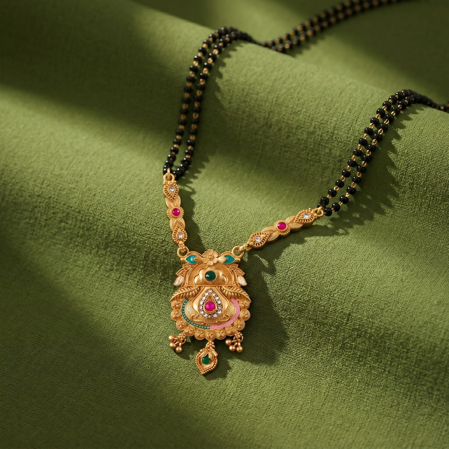 Elegant pendant with green teardrop stone and ruby accents, perfect for ceremonies