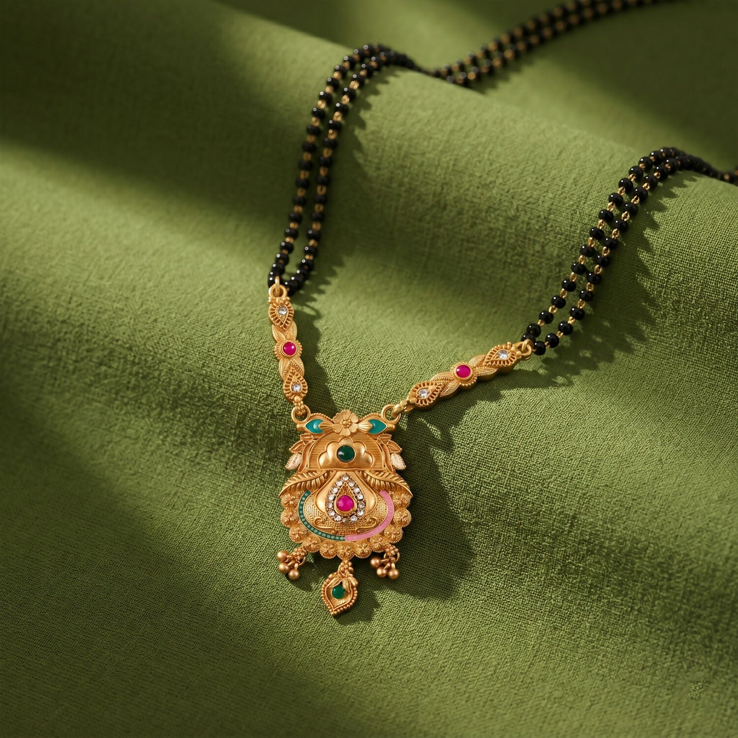 Elegant pendant with green teardrop stone and ruby accents, perfect for ceremonies