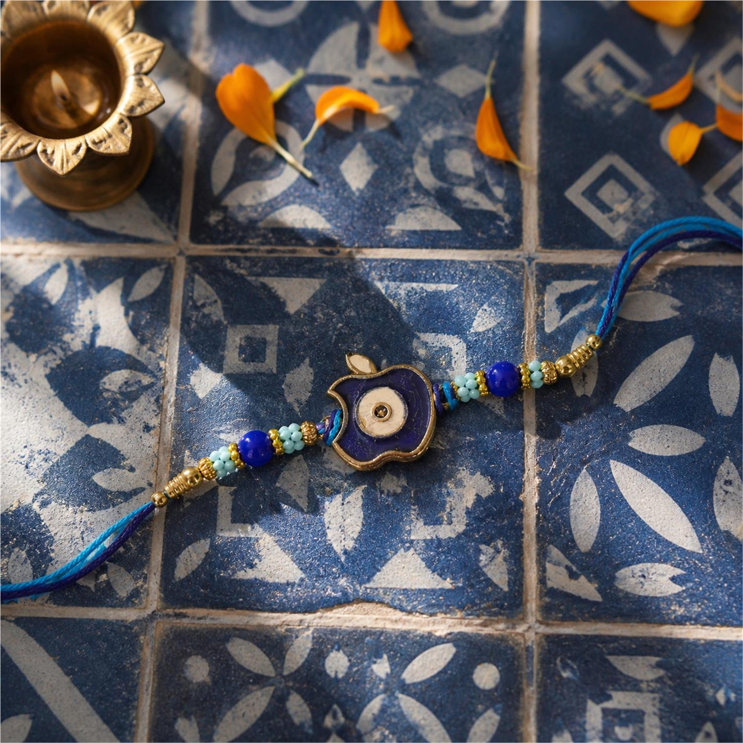 Apple Motif Evil Eye Enamel Blue Bead Traditional Rakhi