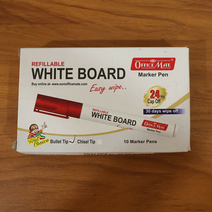 Refillable Red Whiteboard Marker Pen Set of 10 with Bullet Tip for Office, School & Teaching Use