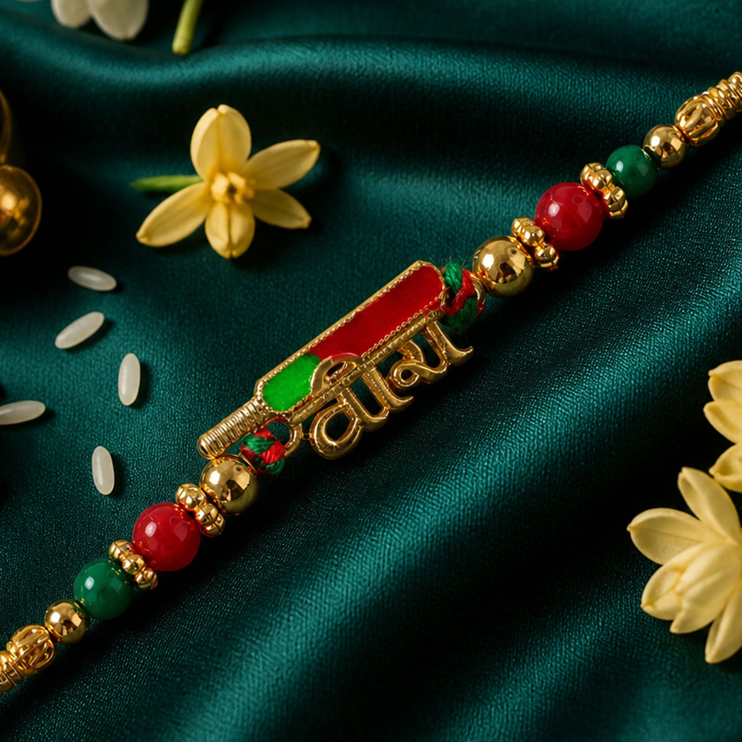 Premium Rakhi showcasing Bhai Text Plaque, clean frame and wrist look for Gift Use