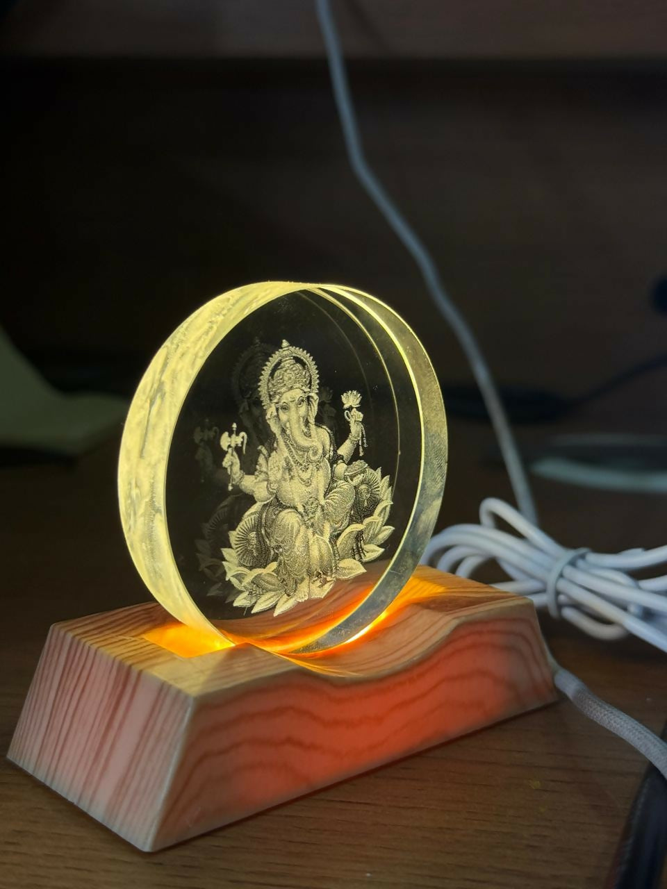 Ganesh Engraved Acrylic LED Night Lamp with Wooden Base for Home Decor