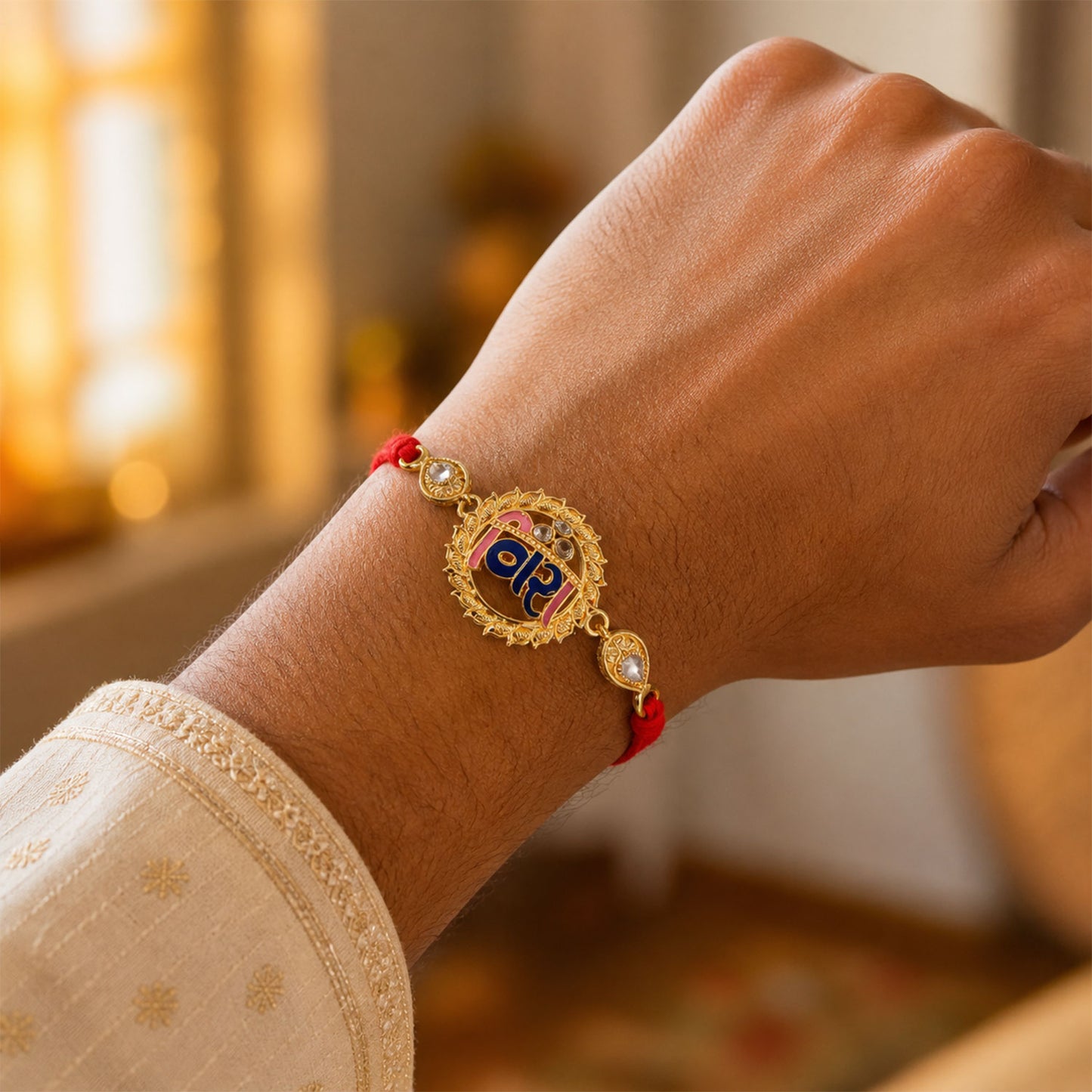 Antique Gold-Toned Vira Rakhi with Multicolor Enamel, Crystal Accents & Red Thread