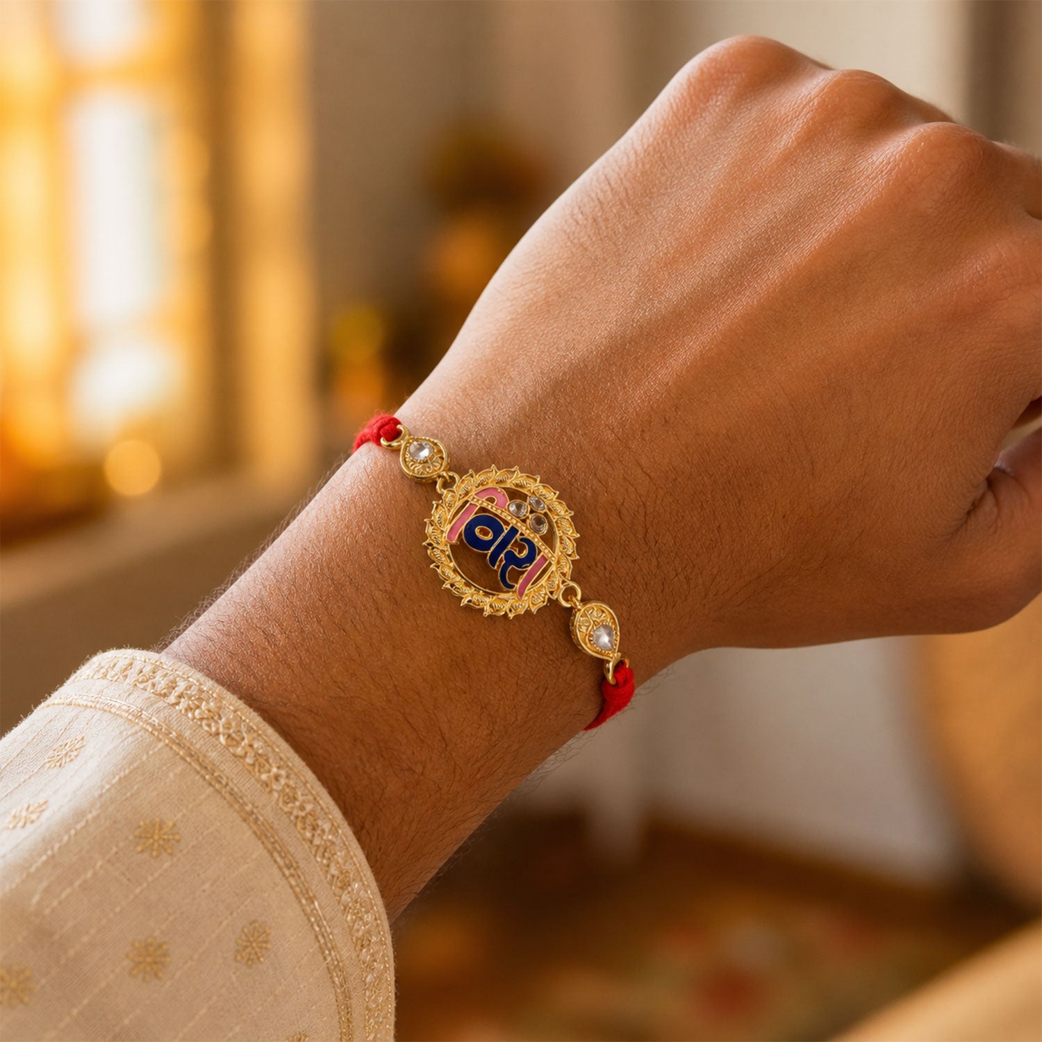 Antique Gold-Toned Vira Rakhi with Multicolor Enamel, Crystal Accents & Red Thread