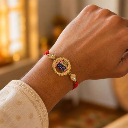 Antique Gold-Toned Vira Rakhi with Multicolor Enamel, Crystal Accents & Red Thread