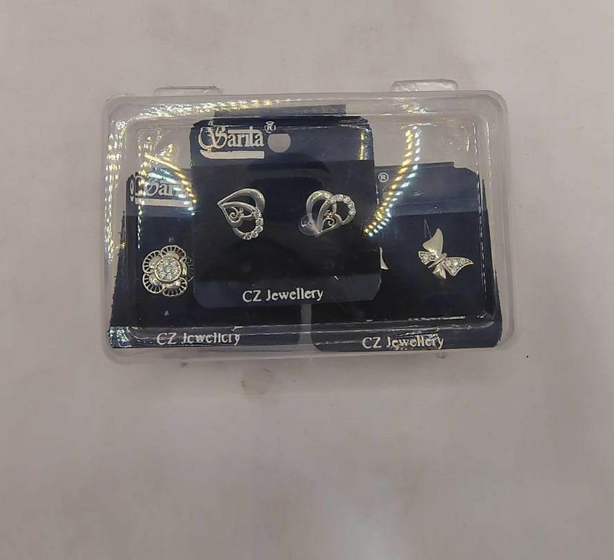 Packaging of the 3-pair silver zircon stud earrings set ready for gifting
