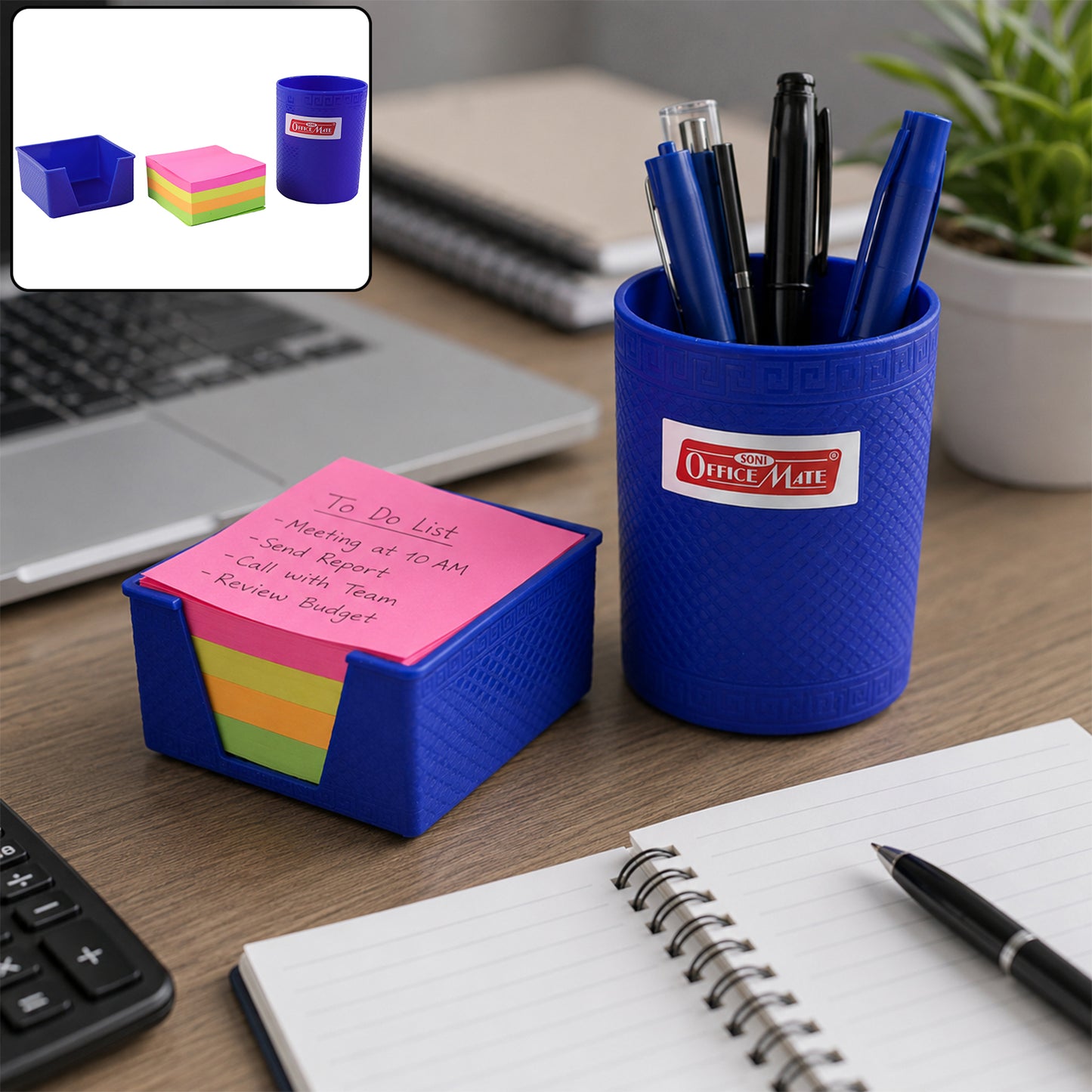 2-in-1 Desk Organiser with Pen Holder & Color Sticky Notes for Office and Study