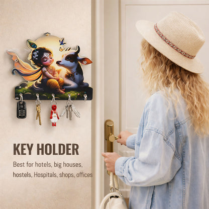 Decorative Krishna Cow Design Wall Key Holder with 5 Hooks – No Drilling Required
