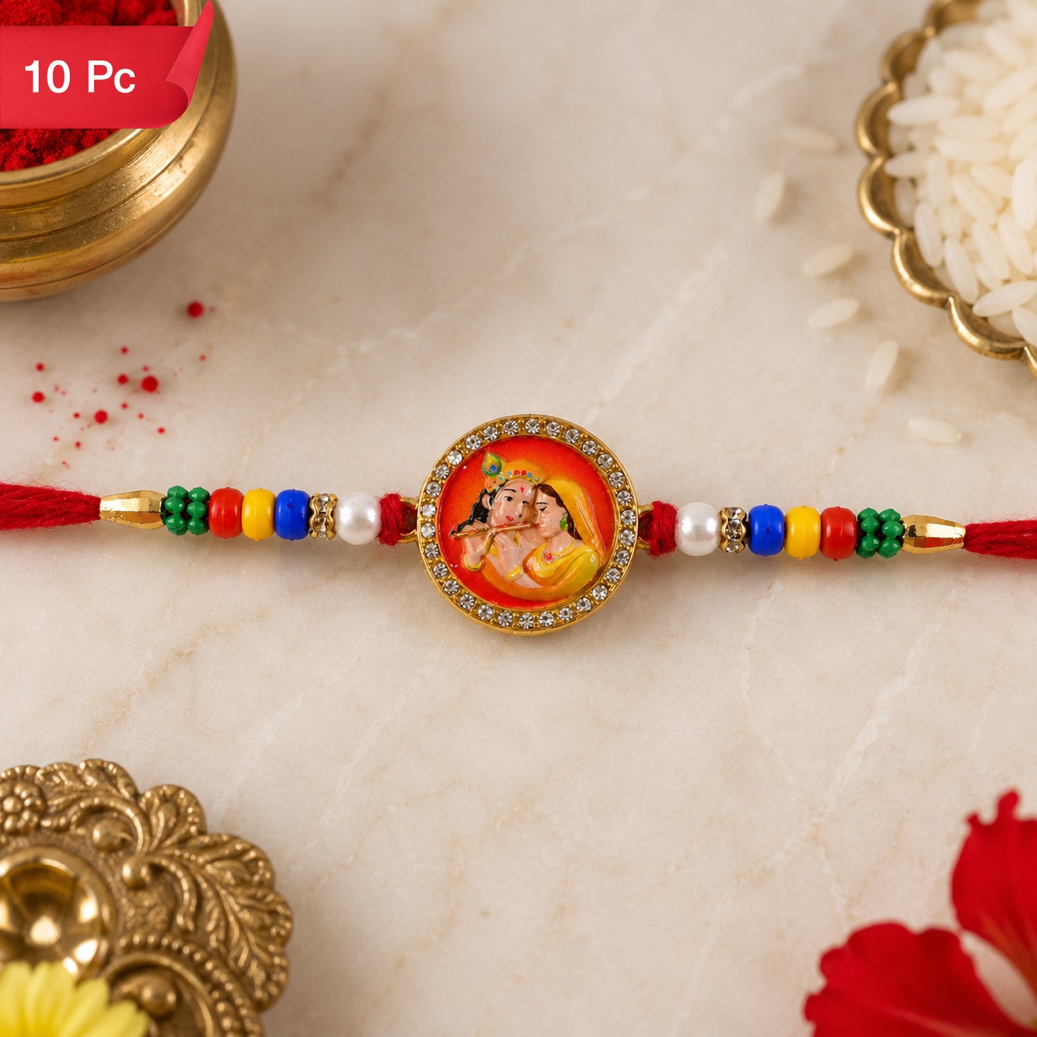 Radha Krishna Rakhi for Brother Photo Round Beaded Design (10pcs)
