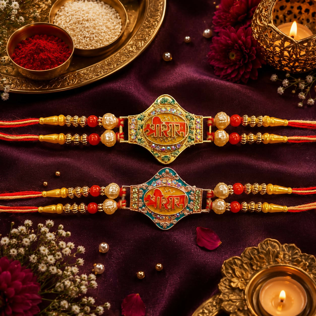Two matching gold and pearl Rakhis with red and orange threads, one with a green center, the other blue, on a dark purple