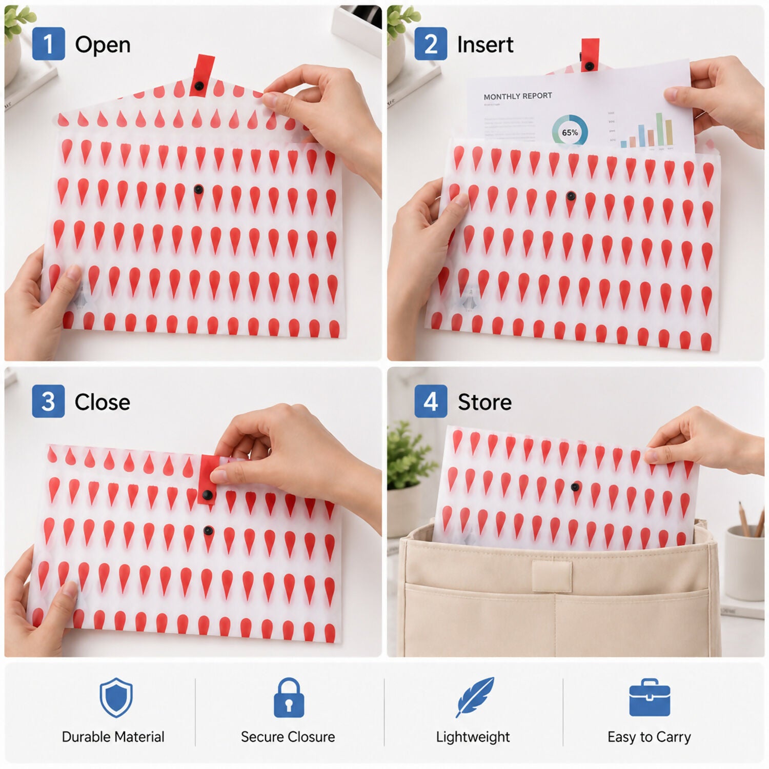 Durable reusable plastic A4 document envelope folder