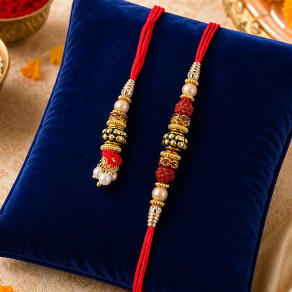 Pearl Drop Beaded Bhai Bhabhi Rakhi with Rudraksha Accents for Raksha Bandhan Gift