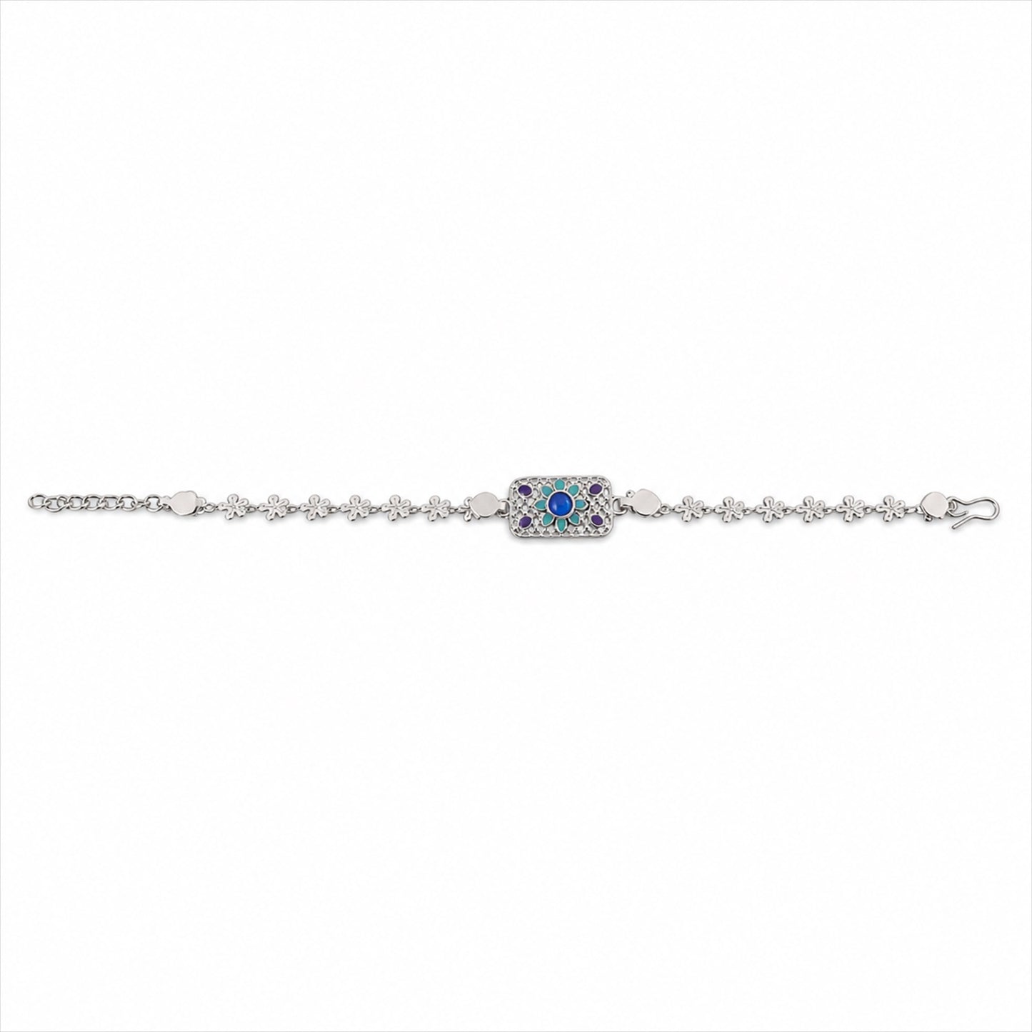Rectangle Silver Studded Multicolor Enamel Floral Chain Rakhi