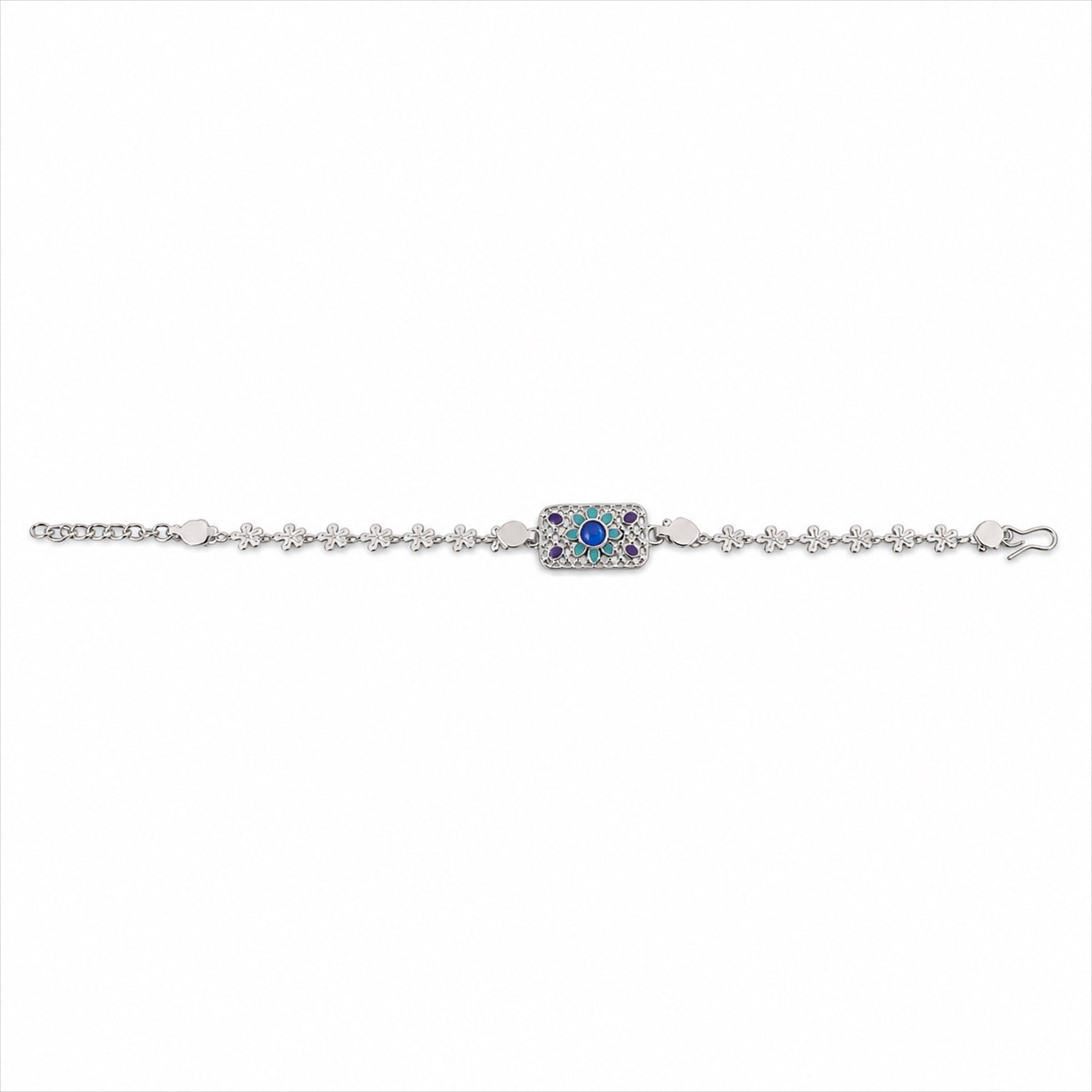 Rectangle Silver Studded Multicolor Enamel Floral Chain Rakhi