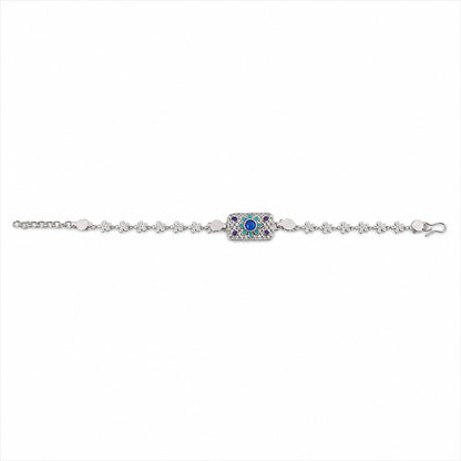 Rectangle Silver Studded Multicolor Enamel Floral Chain Rakhi