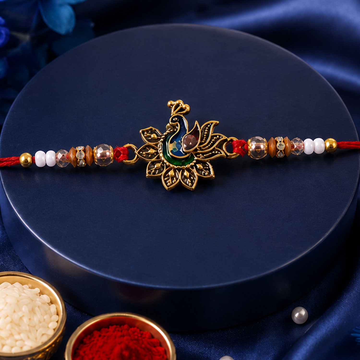 Peacock Floral Golden Rakhi with Blue Green Enamel, Pearl Beads and Red Thread