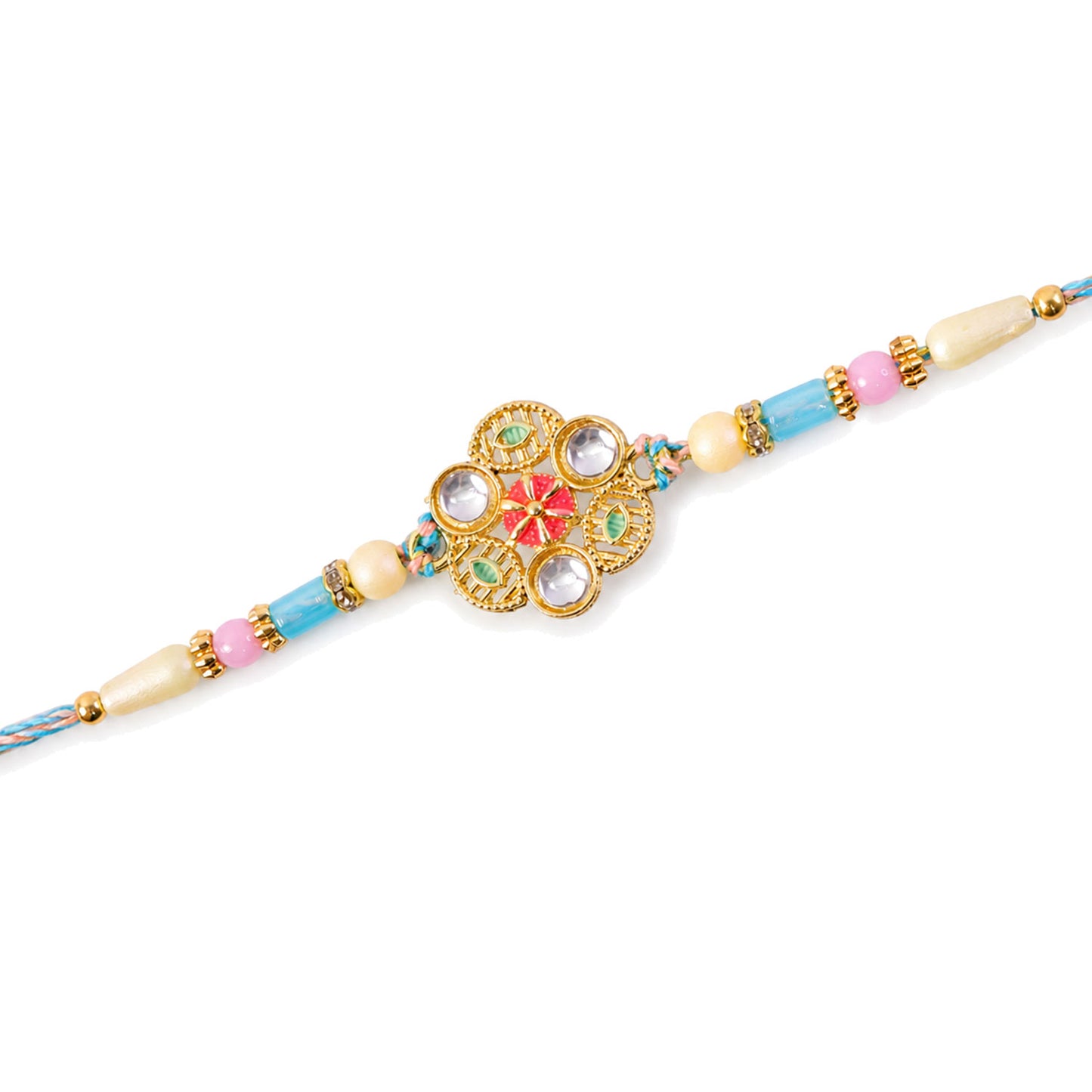 Blue Pink Floral Rakhi with Gold Medallion and Soft Festive Brother Gift Styling