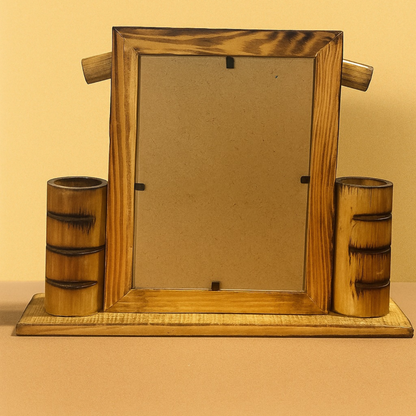 Wooden Hut Shaped Photo Frame with Dual Pen Holder – 4x6 Inch Rustic Tabletop Frame for Desk, Office & Home Decor | Handcrafted Natural Wood Finish | Perfect Gift for Family, Friends & Kids