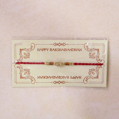 Red Thread Rakhi with Wooden Beads and a Personalised 'Brother' Charm