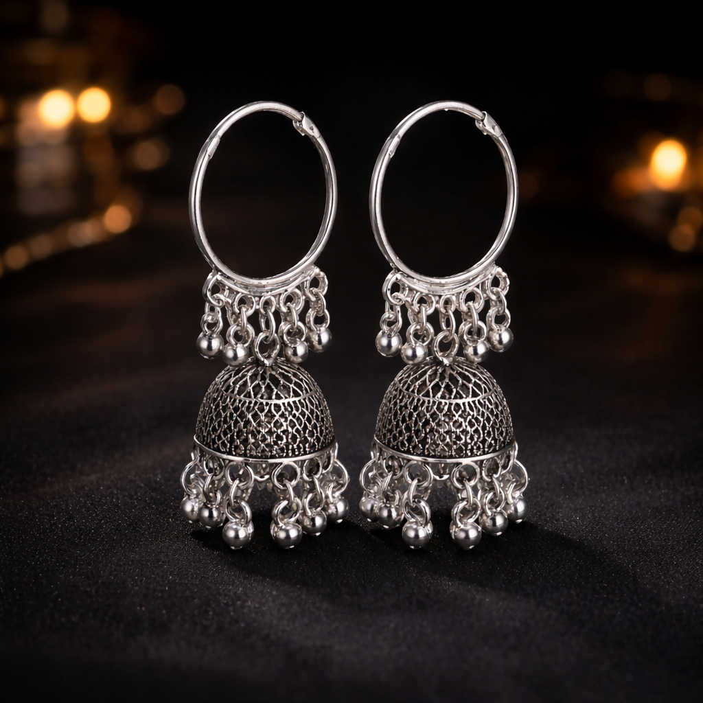 Oxidised Silver Jhumka Hoop Earrings for Women Traditional Ethnic Design