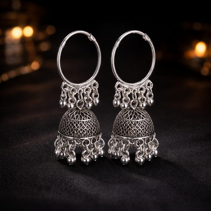 Oxidised Silver Jhumka Hoop Earrings for Women Traditional Ethnic Design