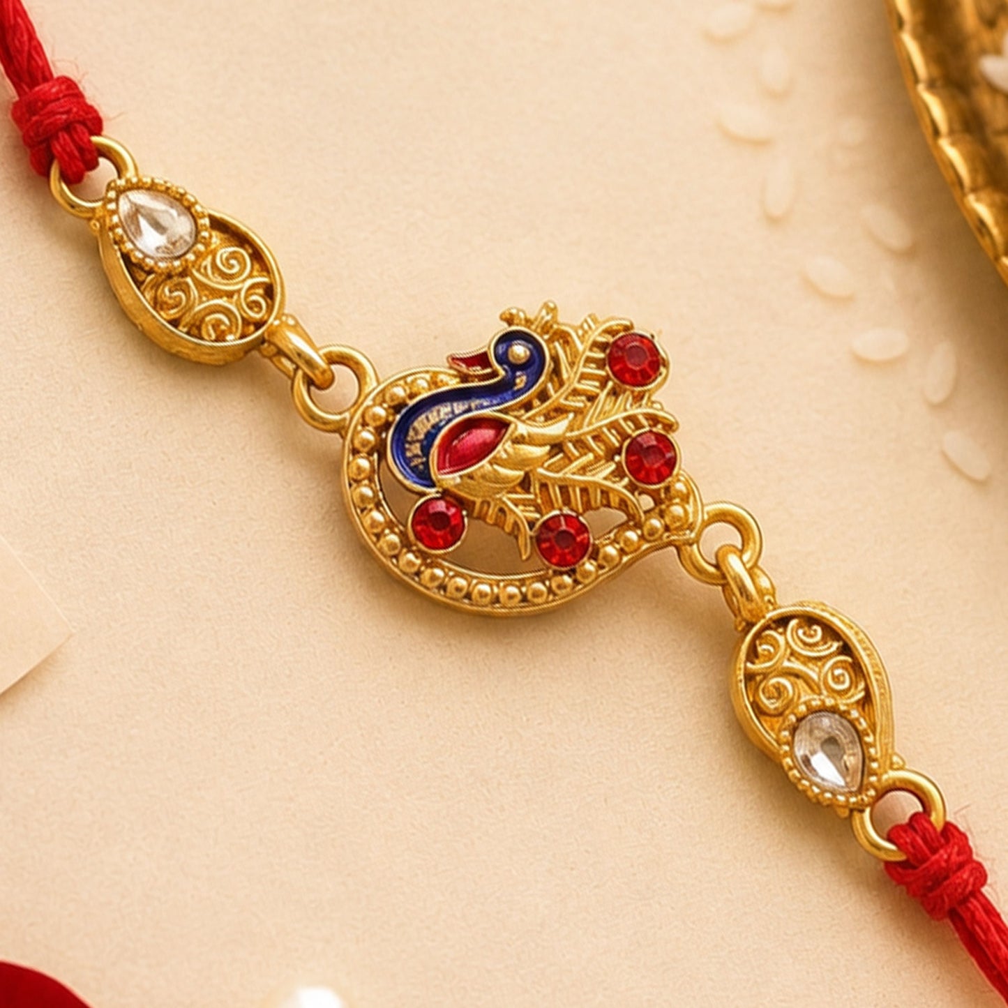Festive Rakhi featuring Peacock Charm, pink accents and wrist style for Gift Styling