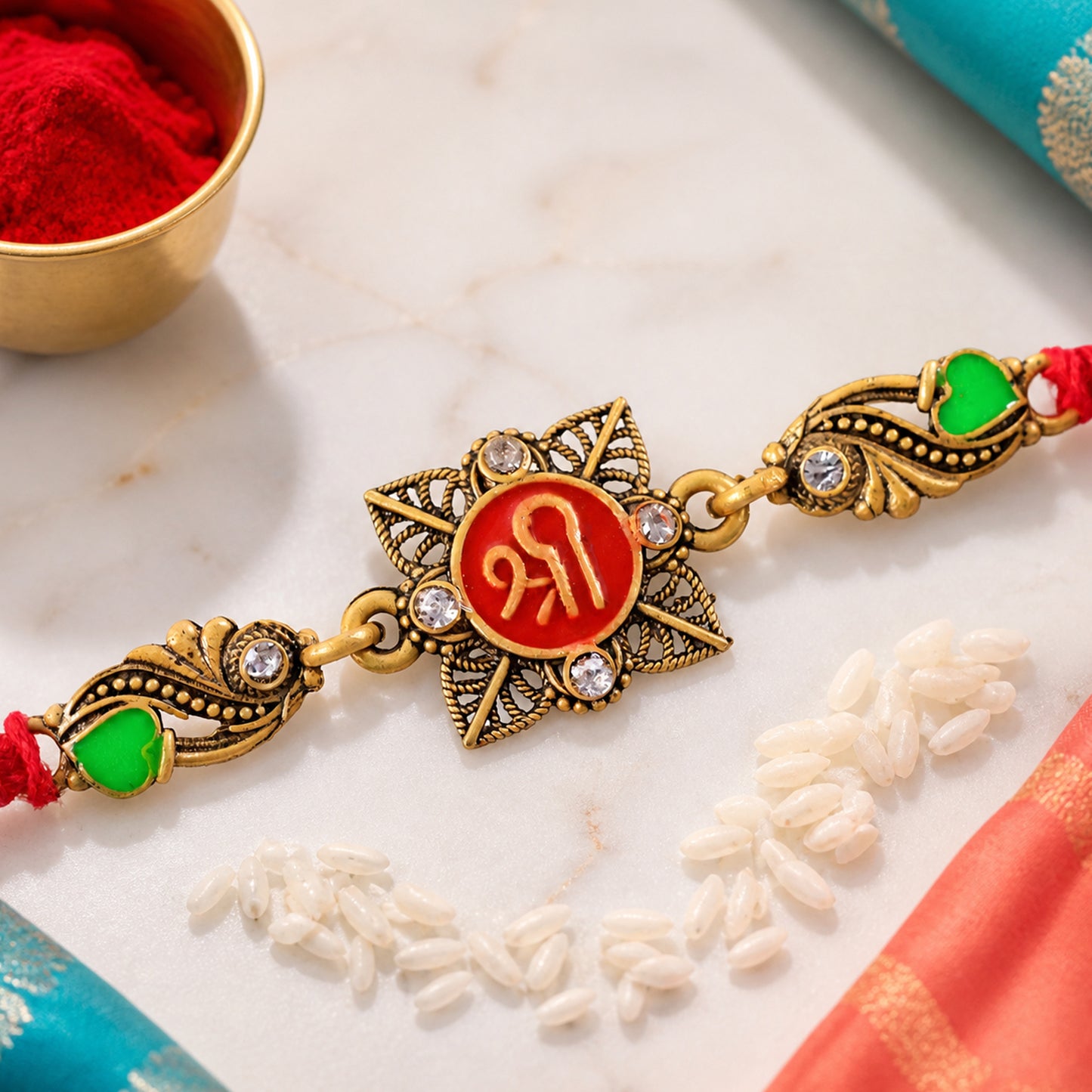 Antique Gold-Toned Shree Rakhi with Crystal Accents, Green Enamel & Designer Red Thread