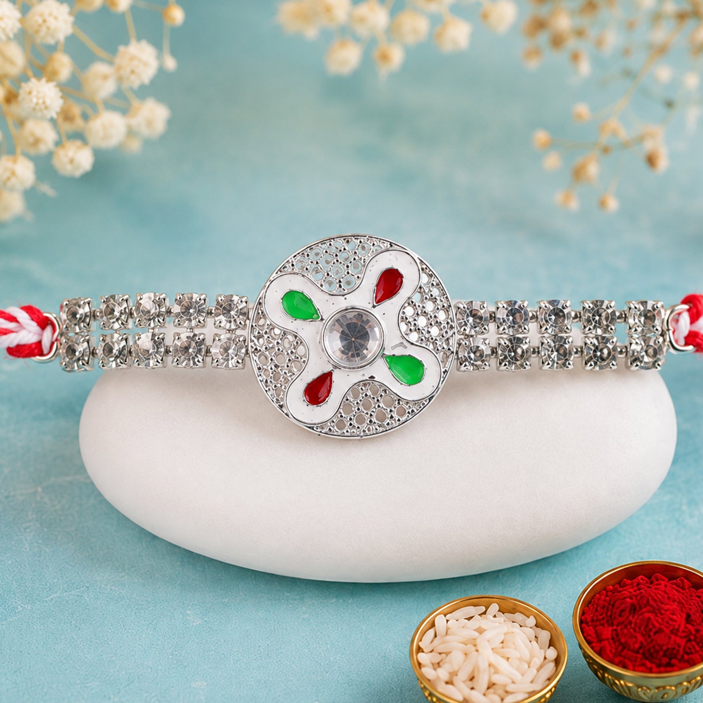 Festive Rakhi featuring Floral Circle Charm, pearl accents and chain look for Gifting