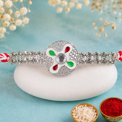 Festive Rakhi featuring Floral Circle Charm, pearl accents and chain look for Gifting