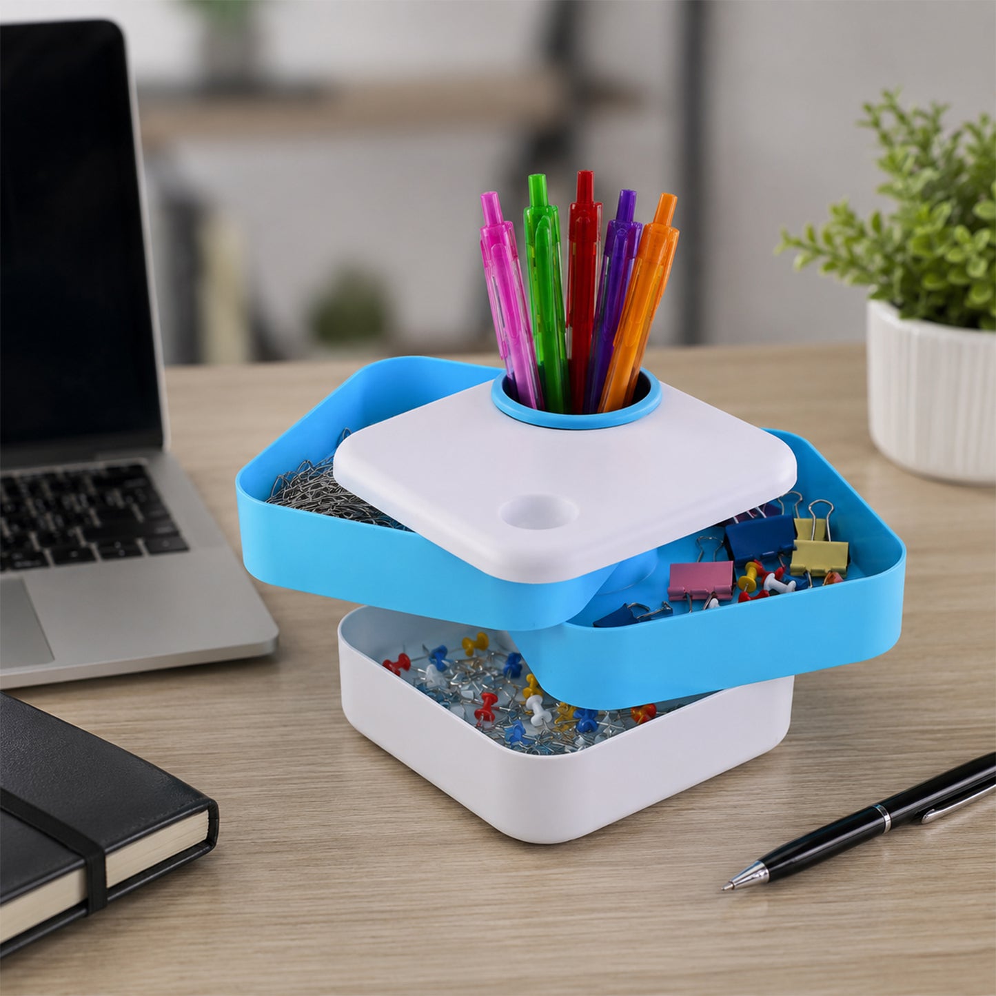 Rotating Desk Organizer Pen Stand with Multi-Layer Storage Trays for Stationery