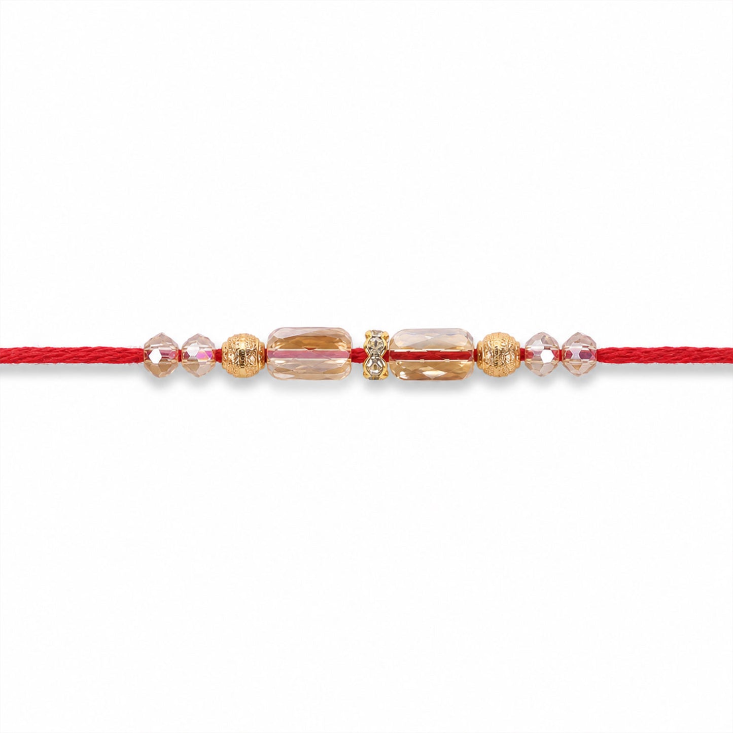 Red Thread Rakhi with Champagne Crystal Beads and Golden Accents