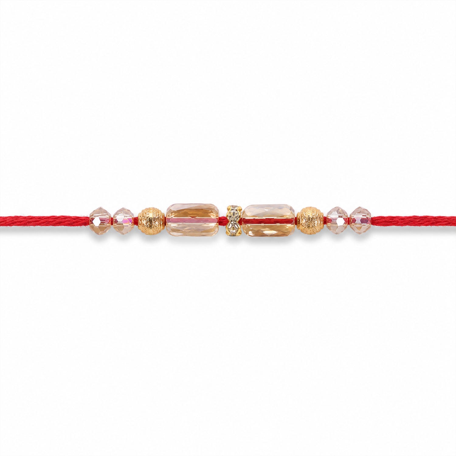 Red Thread Rakhi with Champagne Crystal Beads and Golden Accents