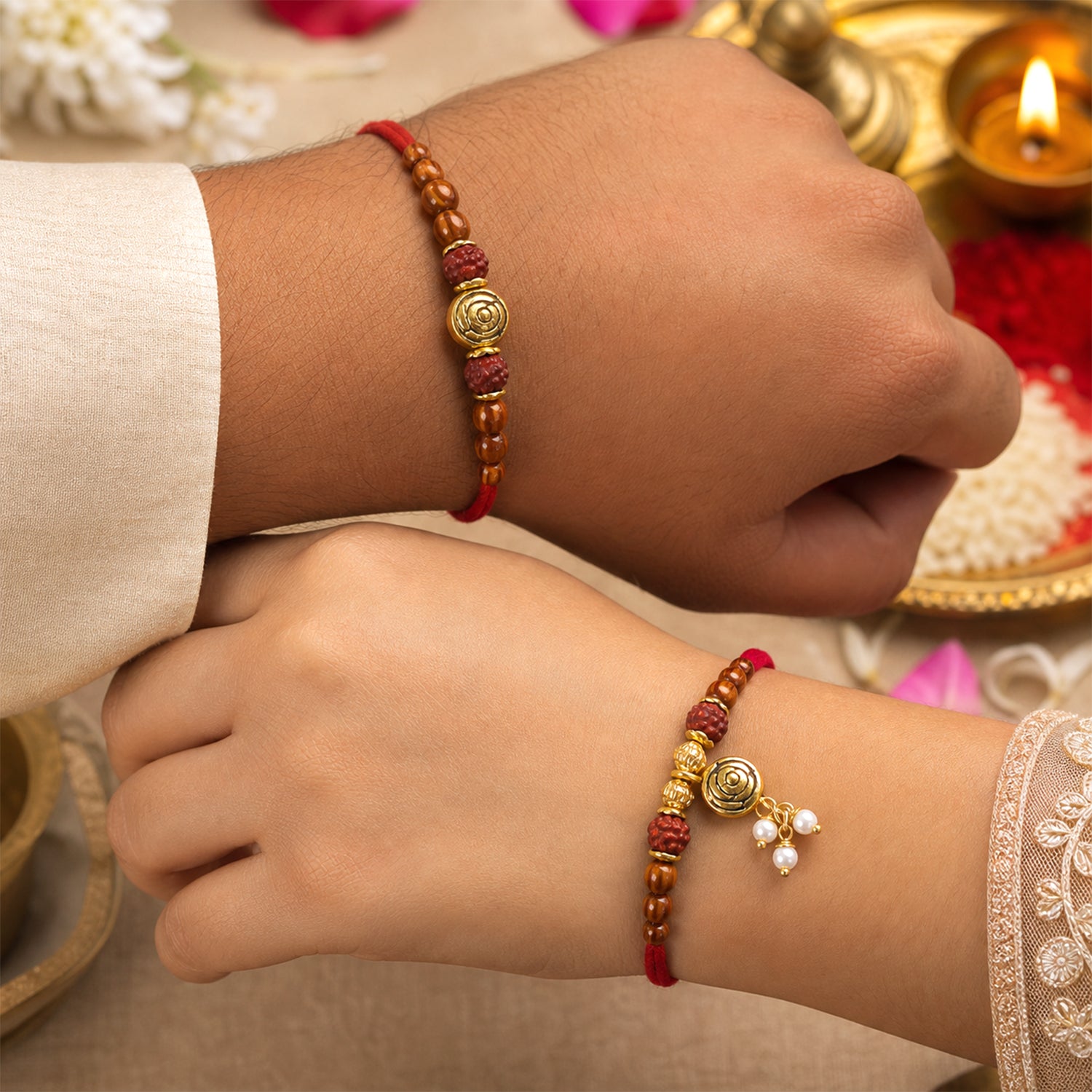 Floral Rose Design Bhai Bhabhi Rakhi with Spiral Rose and Pearl Tassel for Gifting