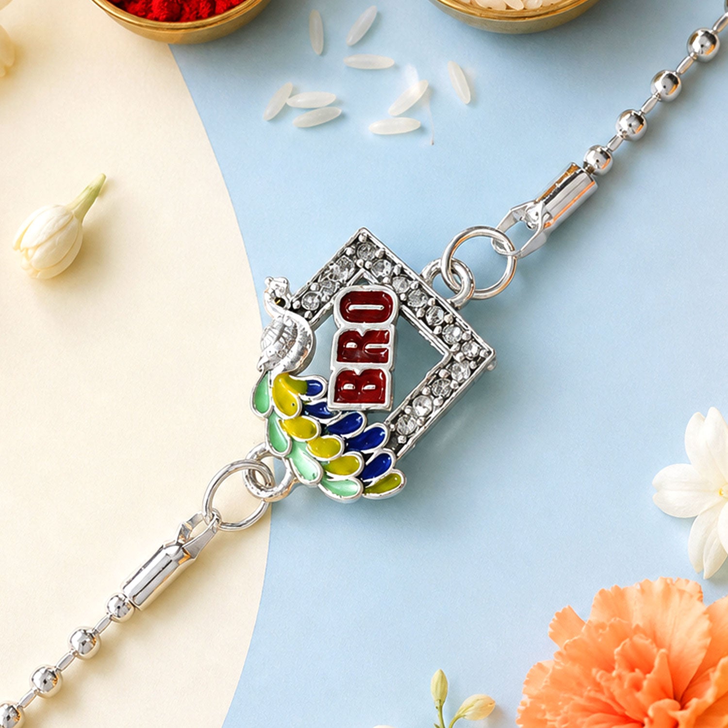 Bro Studded Square Peacock Enamel Silver Chain Designer Rakhi