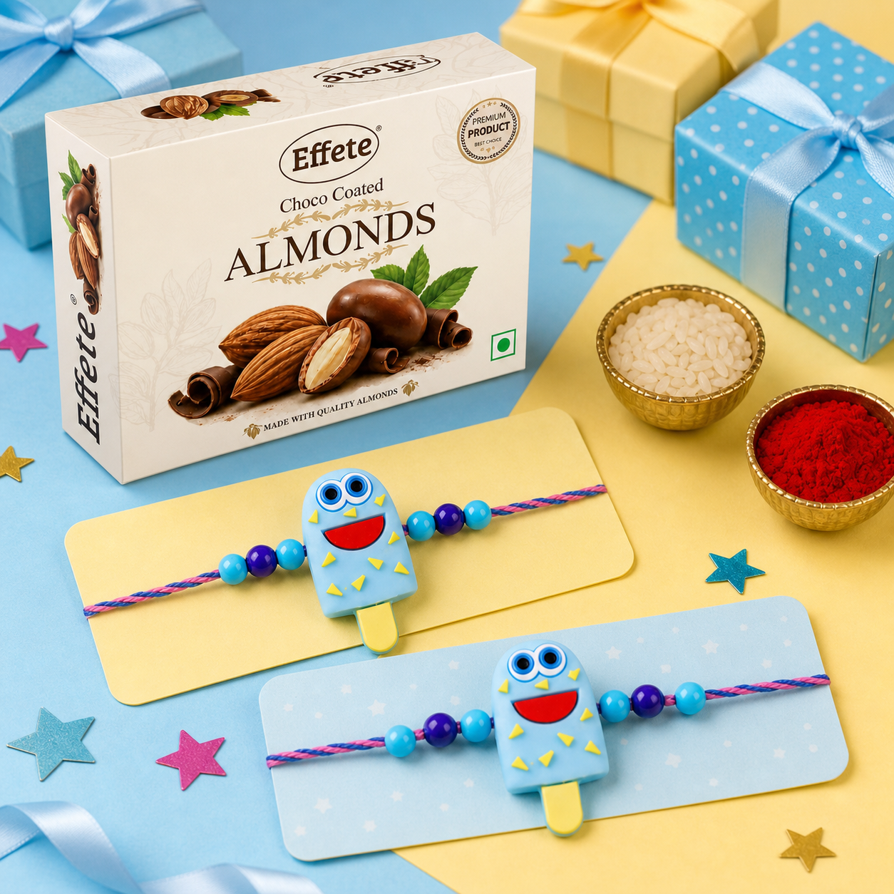 Blue Popsicle Character Rakhi with Chocolate Almonds, Pack of 2