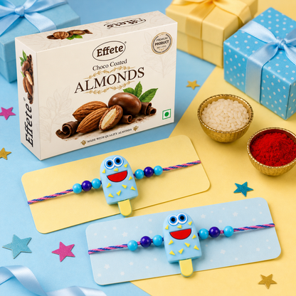 Blue Popsicle Character Rakhi with Chocolate Almonds, Pack of 2