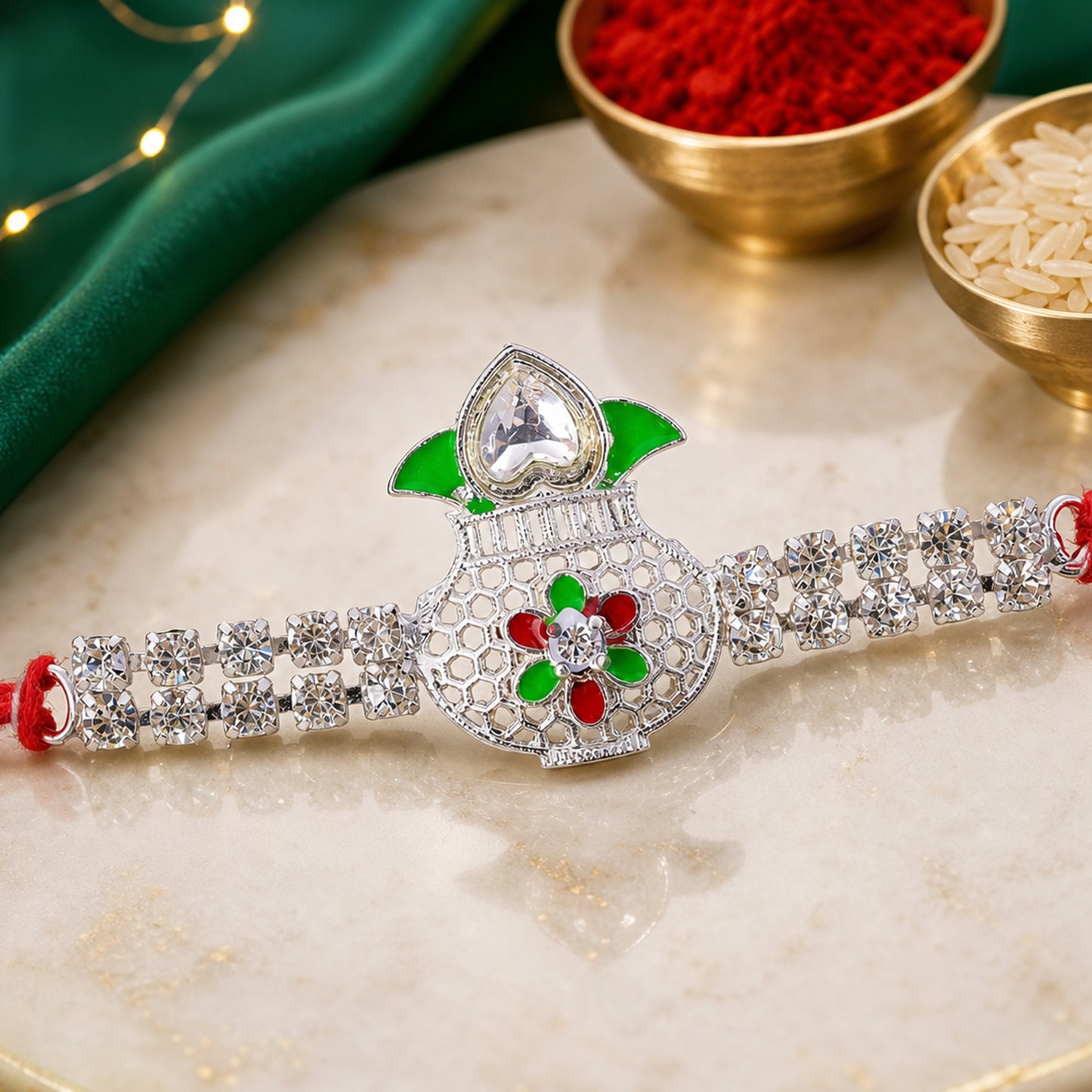Premium Rakhi showcasing Kalash Charm, gold trims and thread style for Gift Styling