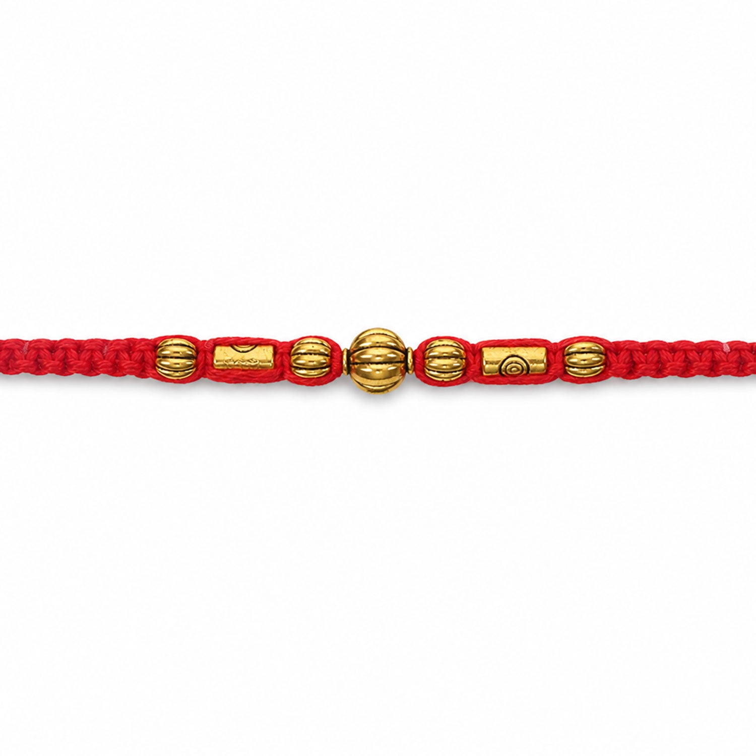Red Braided Rakhi with a Row of Smooth Golden Bead Accents