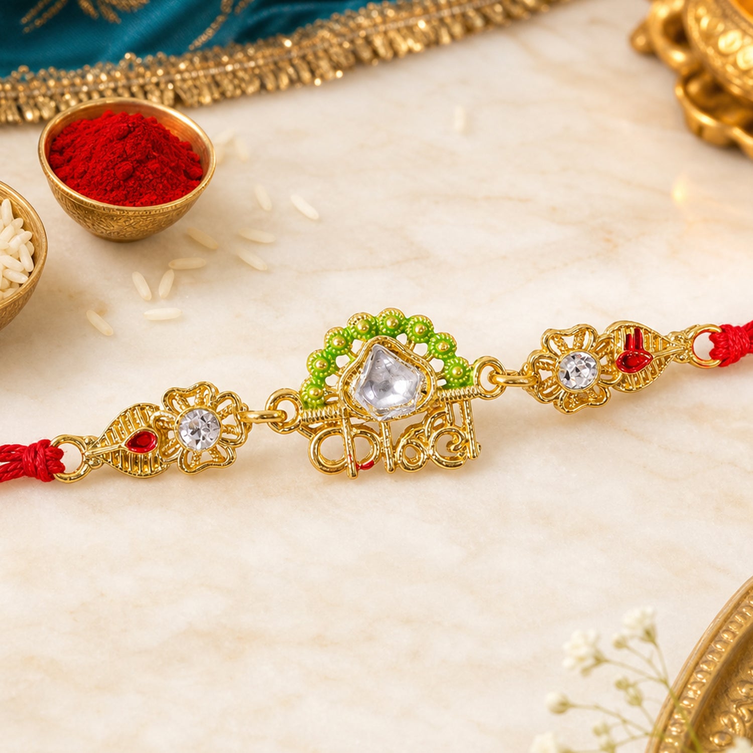Gold-Toned Kanha Rakhi with Kundan-Style Stone, Green Enamel, Crystal Accents & Red Thread