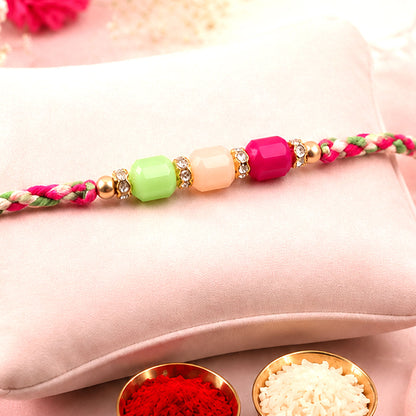 Bright Macrame Bracelet Rakhi with Green Peach Pink Beads and Colorful Thread
