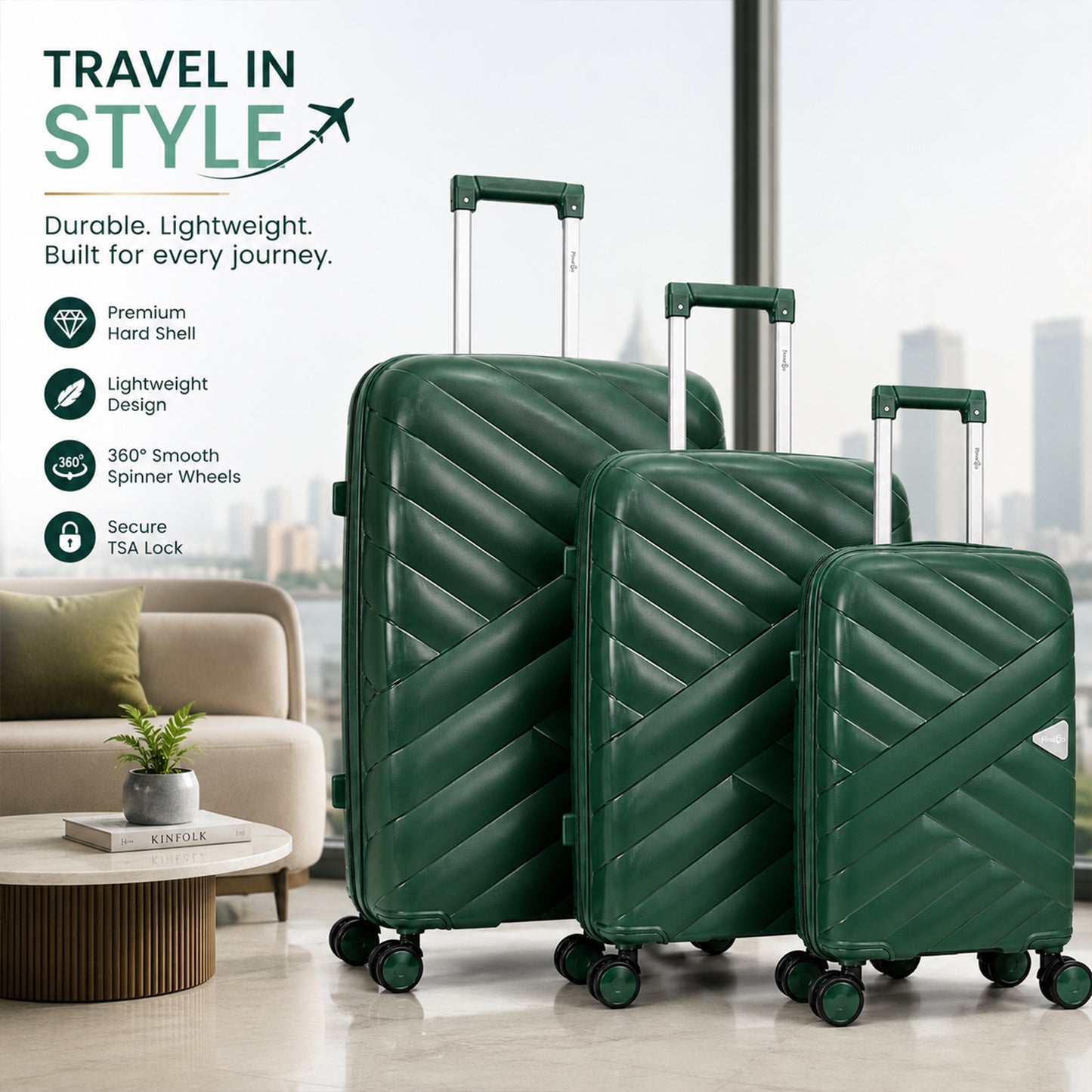 Green Premium Travel Trolley Suitcase with 360° Wheels, TSA Lock & Pull Handle