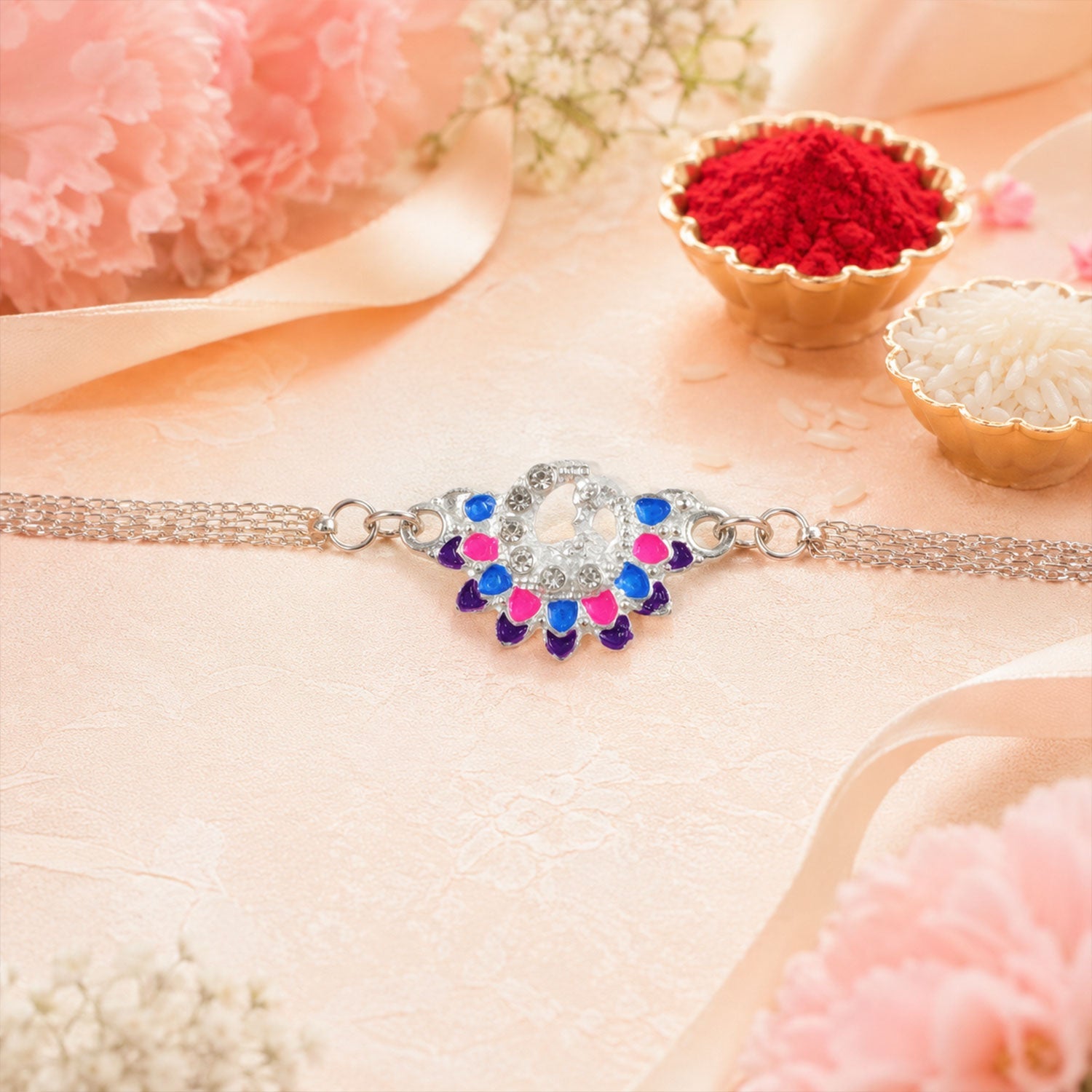 Premium Silver Chain Rakhi with Peacock Motif Rakhi for Brother (10pcs)